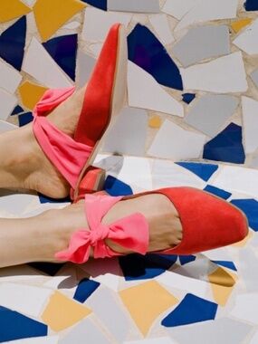 About Arianne | Rare Coral Suede Slides with Chiffon Bow | Size 41